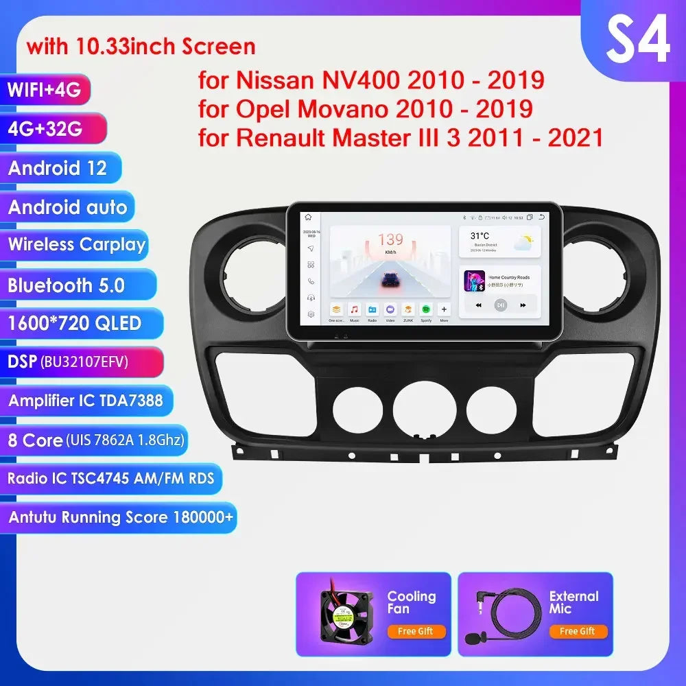Nissan NV400 2010 -2019 10,1" / 10,33" Android 14 Carplay Android auto wireless wifi bt gps 4g AUTM1OGW
