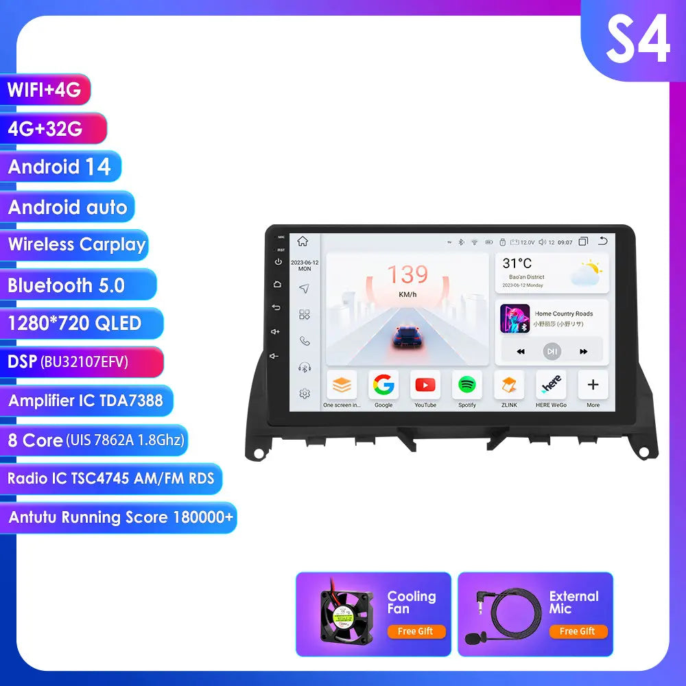Mercedes Benz C-Class W204 S204 2007 - 2010 9" Android 14 Carplay Android auto wireless wifi bt gps 4g AUTMJ8L7