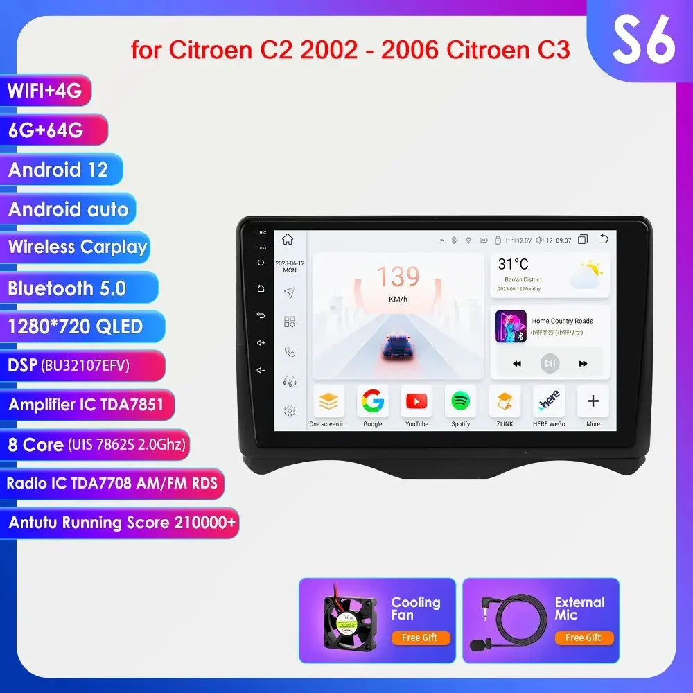 Citroen C2 2002 - 2006 Citroen C3  2002-2006 9" Android 14 Carplay Android auto wireless wifi bt gps 4g AUTM8GD8