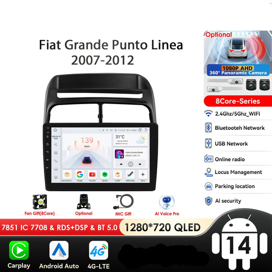 Fiat Grande Punto Linea 2007 - 2012 9" Android 14 Carplay Android auto wireless wifi bt gps 4g  AUTMV7JC