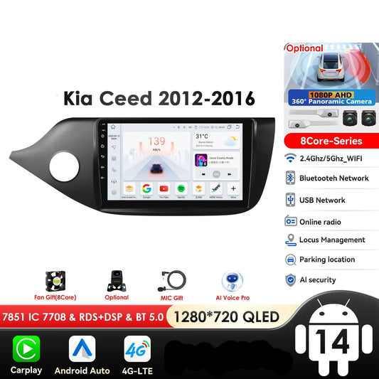 KIA Cee'd JD 2012 - 2016 9" Android 14 Carplay Android auto wireless wifi bt gps 4g  AUTMQQ9Z