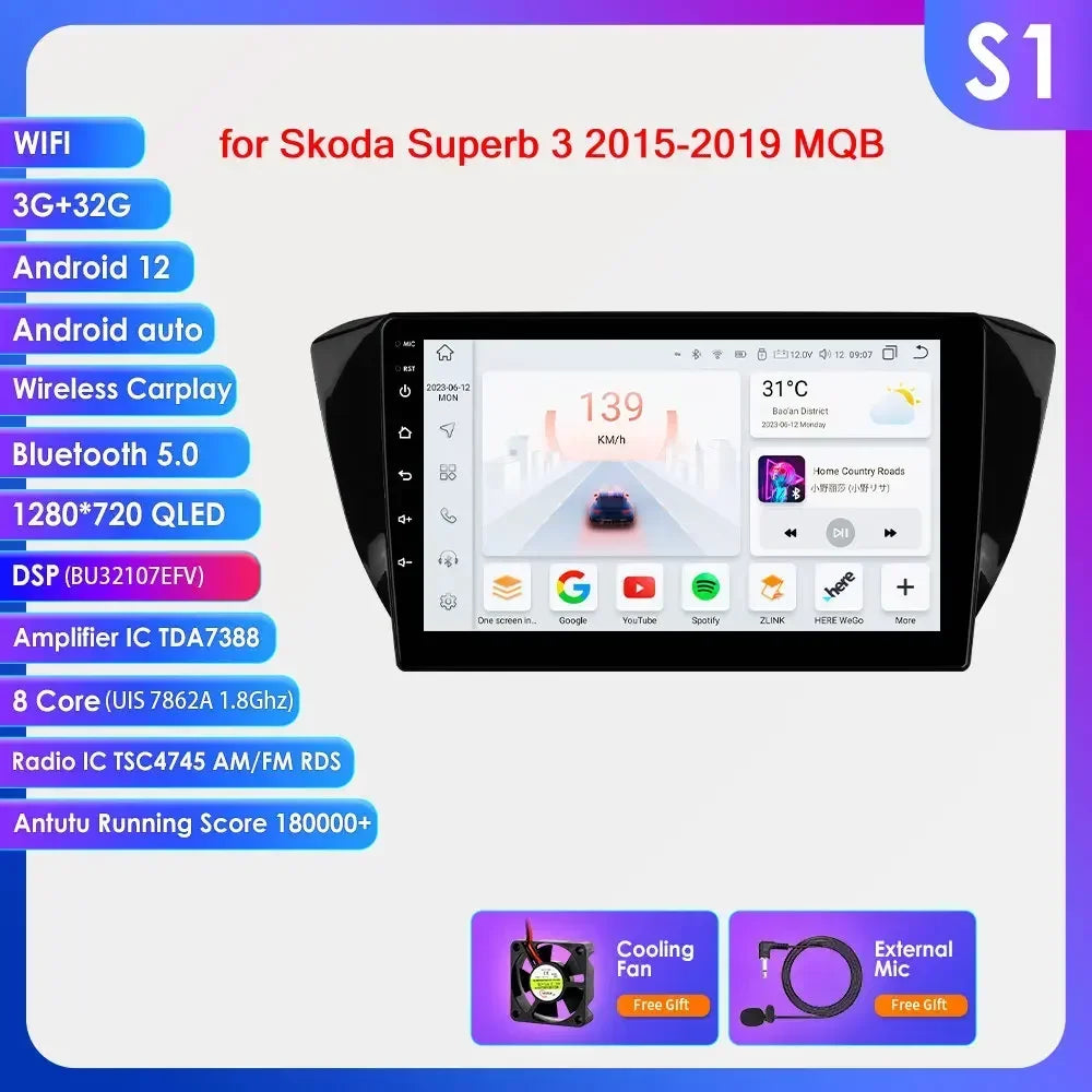 Skoda Superb 3 2015 - 2019 10,1" / 10,33" Android 14 Carplay Android auto wireless wifi bt gps 4g  AUTM1J1R