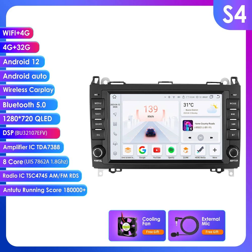 Mercedes Benz B200 Sprinter W906 W639 AB Class W169 W245 Viano Vito 7" Android 14 Carplay Android auto wireless wifi bt gps 4g  AUTM24A2g