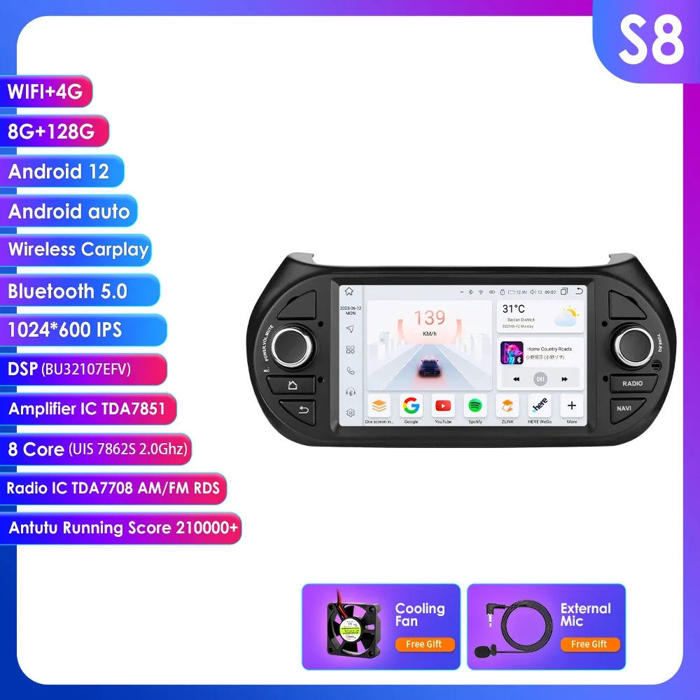 Fiat Qubo/ Fiorino / Citroen Nemo / Peugeot Bipper 7" Android 14 Carplay Android auto wireless wifi bt gps 4g   AUTMZVQA