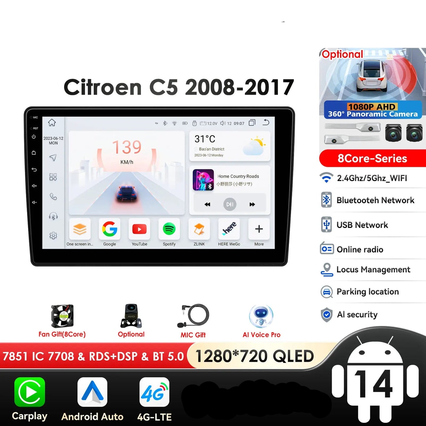 C5 2008 -2017 10,1" Android 14 Carplay Android auto wireless wifi bt gps 4g  AUTMTLBY
