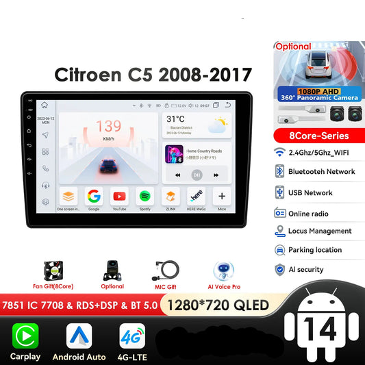 C5 2008 -2017 10,1" Android 14 Carplay Android auto wireless wifi bt gps 4g  AUTMTLBY