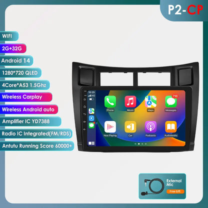 Toyota Yaris 2005-2012 9" Android 14 Carplay Android auto wireless wifi bt gps 4g AUTMT2N6