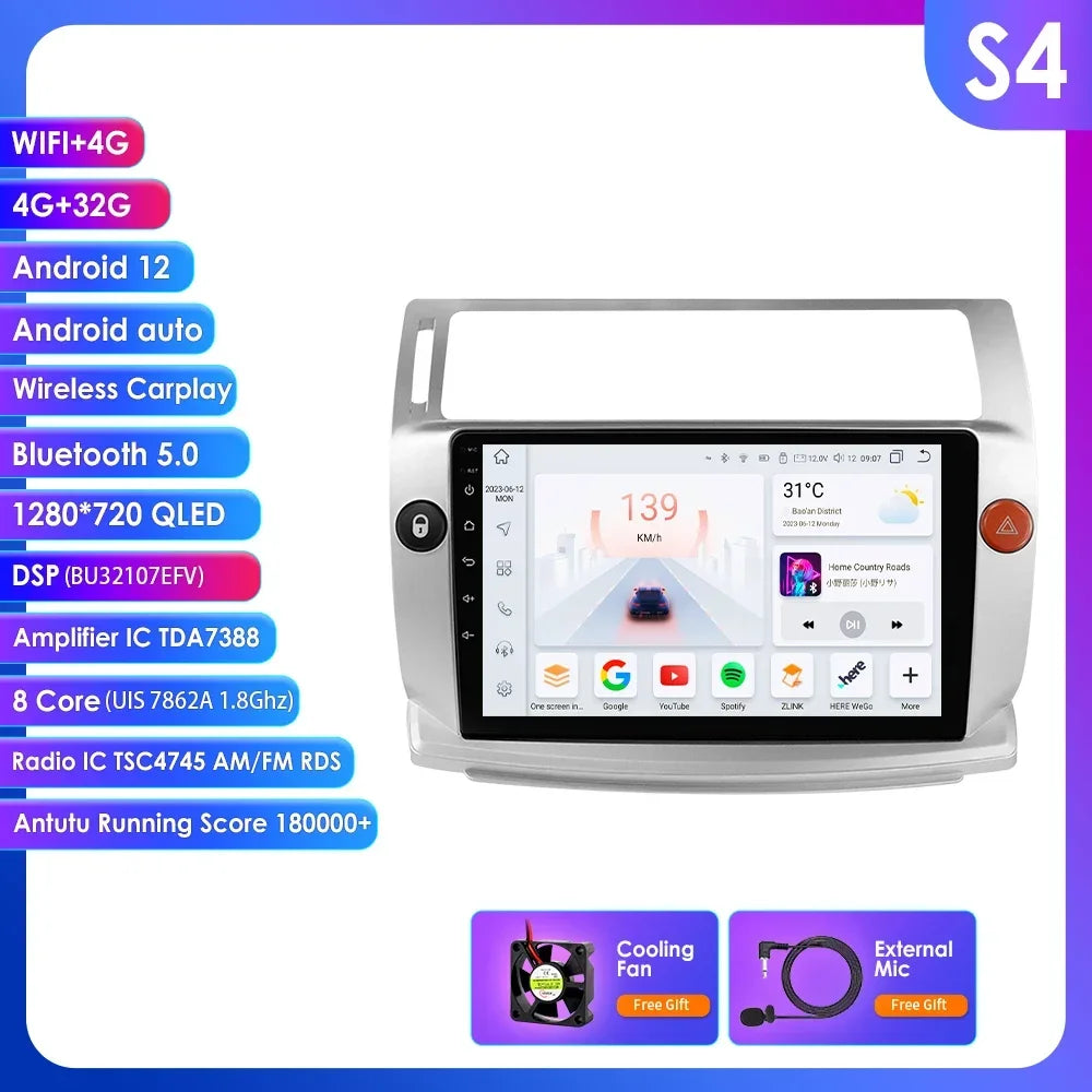 Citroen C4 C-Quatro 2004-2009  9" Android 14 Carplay Android auto wireless wifi bt gps 4g  AUTM4029