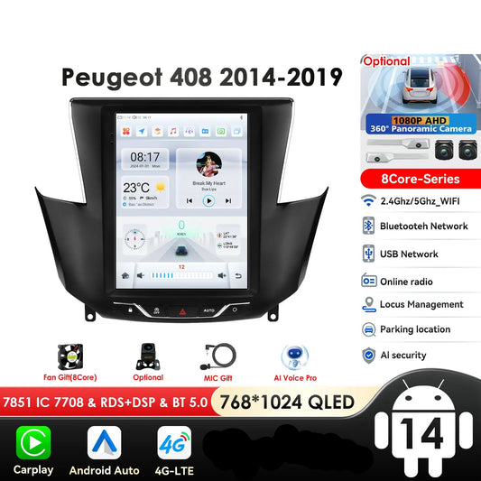 Peugeot 408 2014-2019 9,7" Android 14 Carplay Android auto wireless wifi bt gps 4g  AUTMNIEC