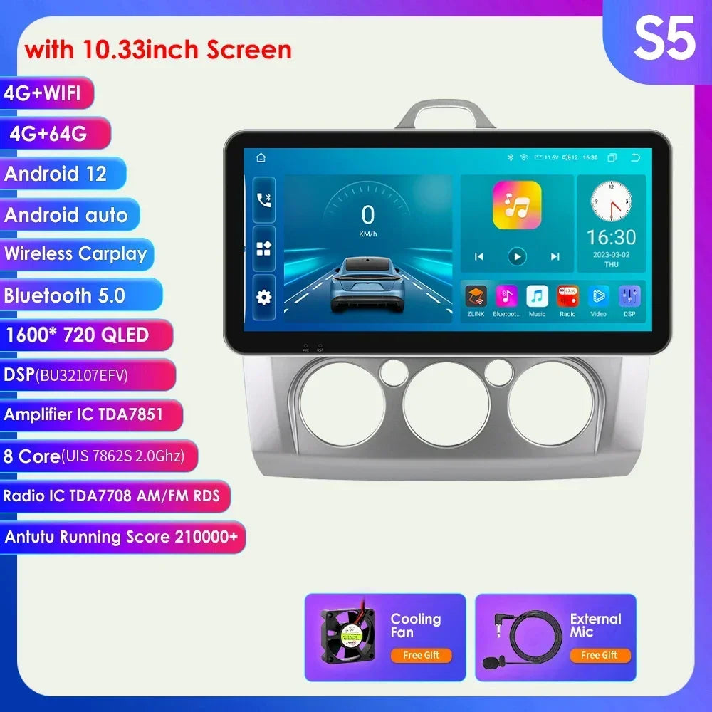 Ford Focus 2 3 Mk2 Mk3 2004-2011 9" Android 14 Carplay Android auto wireless wifi bt gps 4g  AUTMG5XX