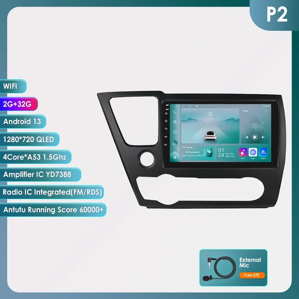 Honda Civic 2013-2016 9" Android 14 Carplay Android auto wireless wifi bt gps 4g AUTMCTVR7