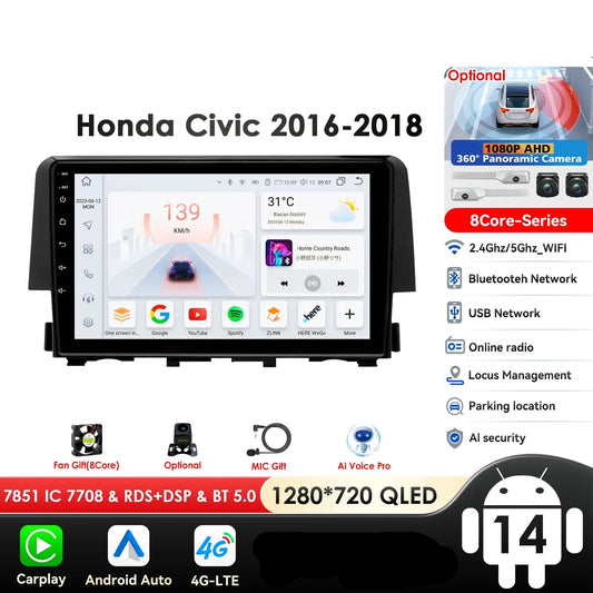 Honda Civic 10th 2016-2018 9'' Android 14 Carplay Android auto wireless wifi bt gps 4g RDS AUTMCDNH2