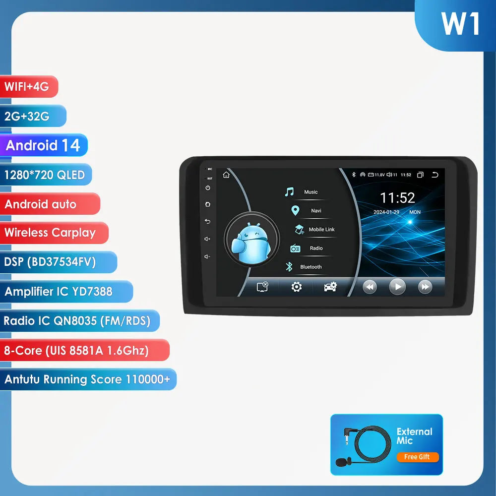 Mercedes ML W164 X164 ML350 ML300 GL500 ML320 ML280 GL350  9" Android 14 Carplay Android auto wireless wifi bt gps 4g AUTMMQVN