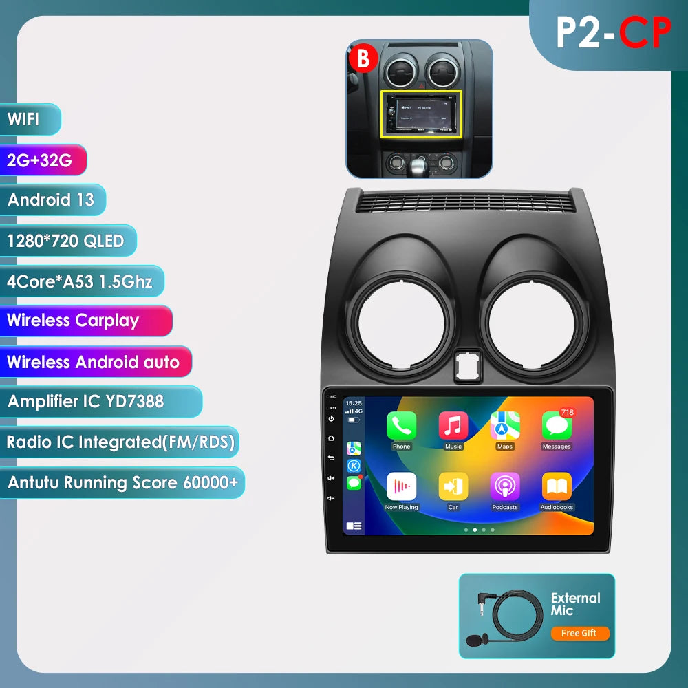 Nissan Qashqai J10 2006-2013 9" Android 14 Carplay Android auto wireless wifi bt gps 4g AUTM63FU
