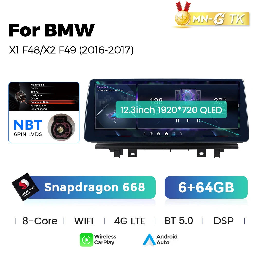 BMW X1 X2 F48 F49 F39 2016-2020 NBT EVO 10,25"  Qualcomm 668/680 Wireless CarPlay Android Auto  Multimedia   HD 1920*720 QLED Dual BT 4G LTE Supporta 360 Camera AHD WIFI  AUTM5B86