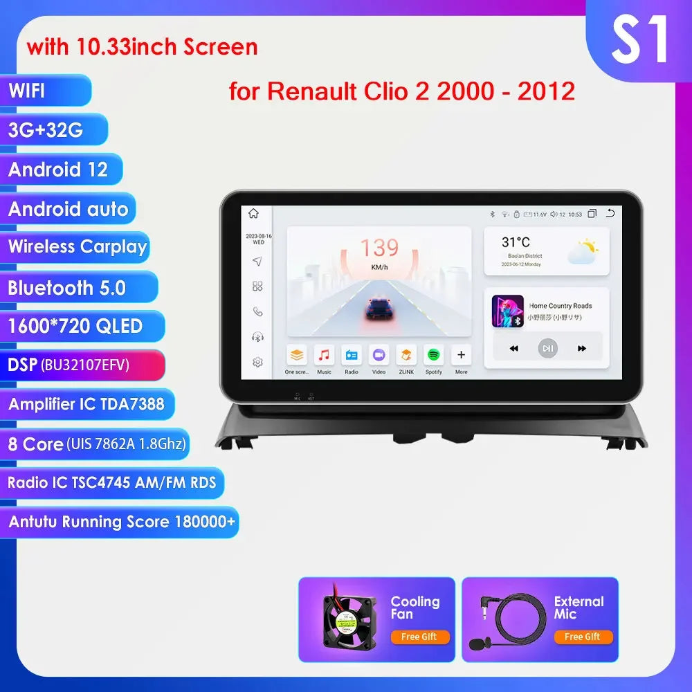 Renault Clio 2 2000 - 2012 9" / 10,33" Android 14 Carplay Android auto wireless wifi bt gps 4g  AUTM8236