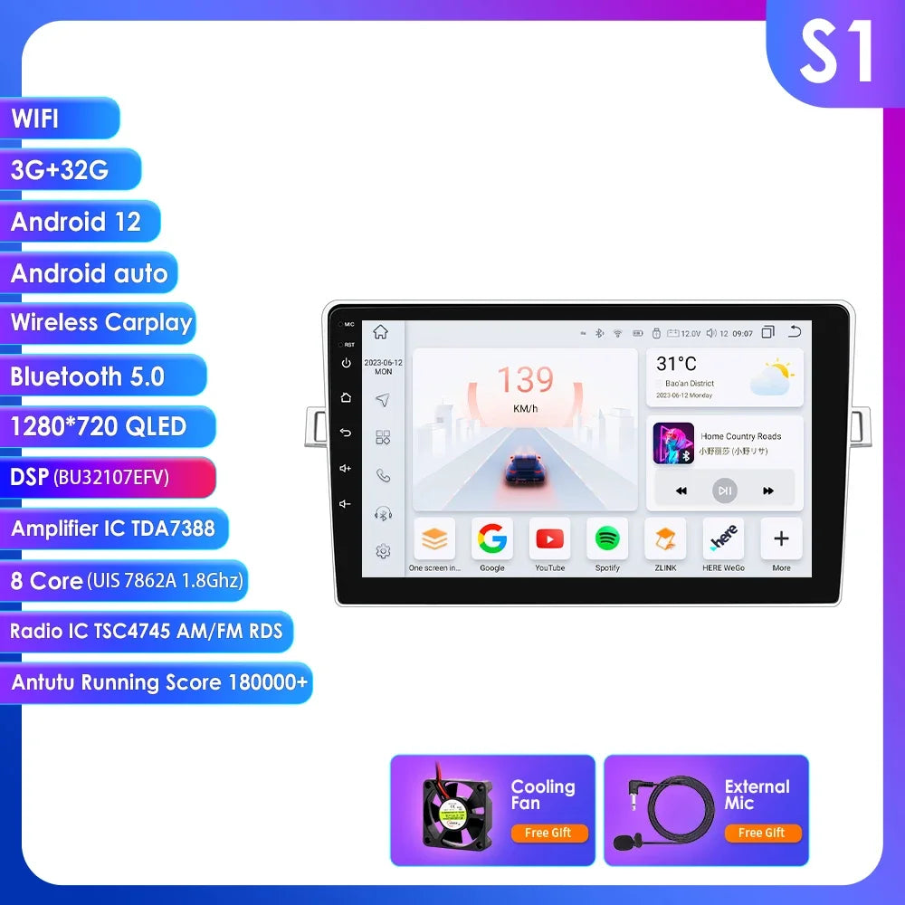 Toyota Corolla Verso 2010-2018 9" Android 14 Carplay Android auto wireless wifi bt gps 4g  AUTM348A