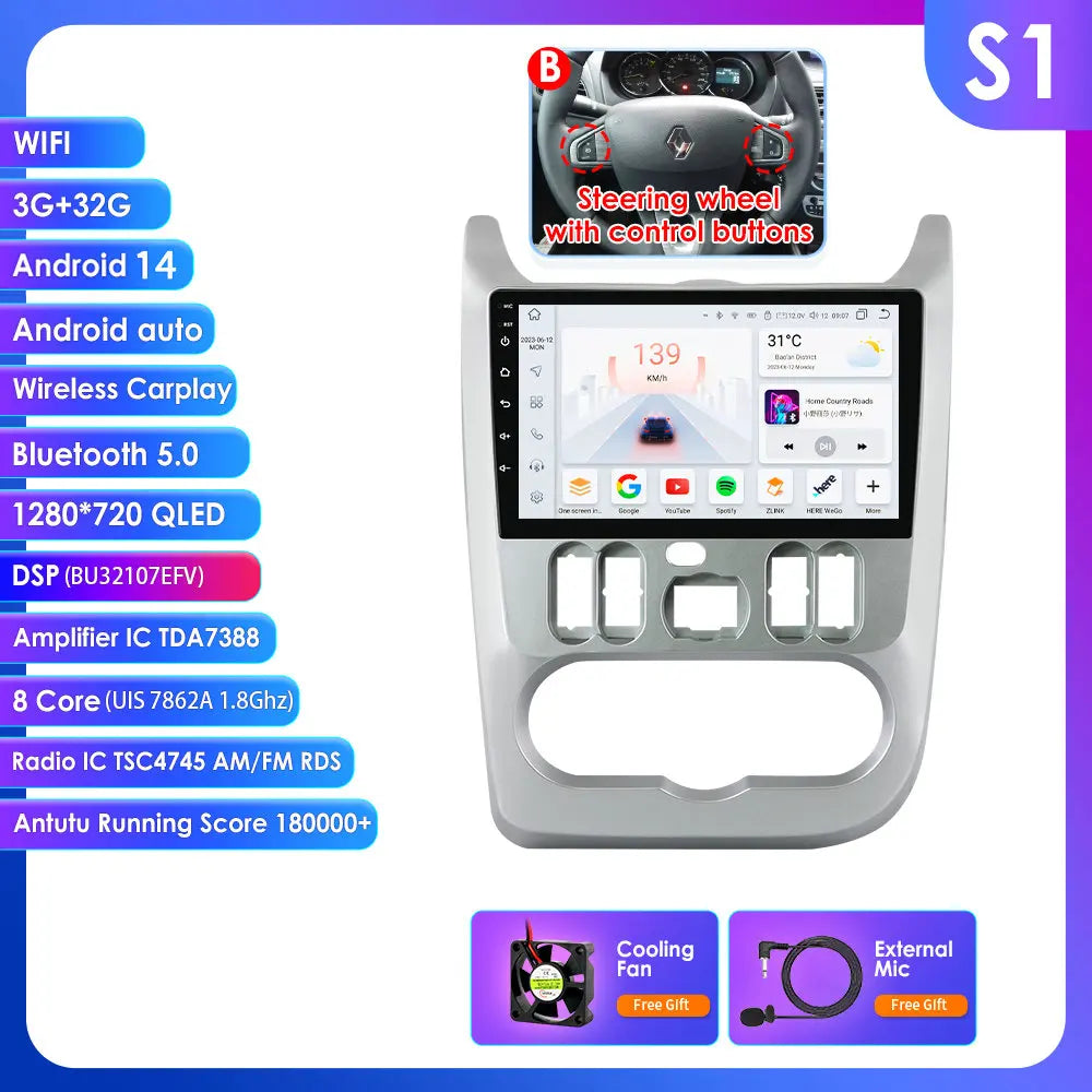 Dacia Logan I Sandero 2009-2015 9" Android 14 Carplay Android auto wireless wifi bt gps 4g  AUTMVG9Z