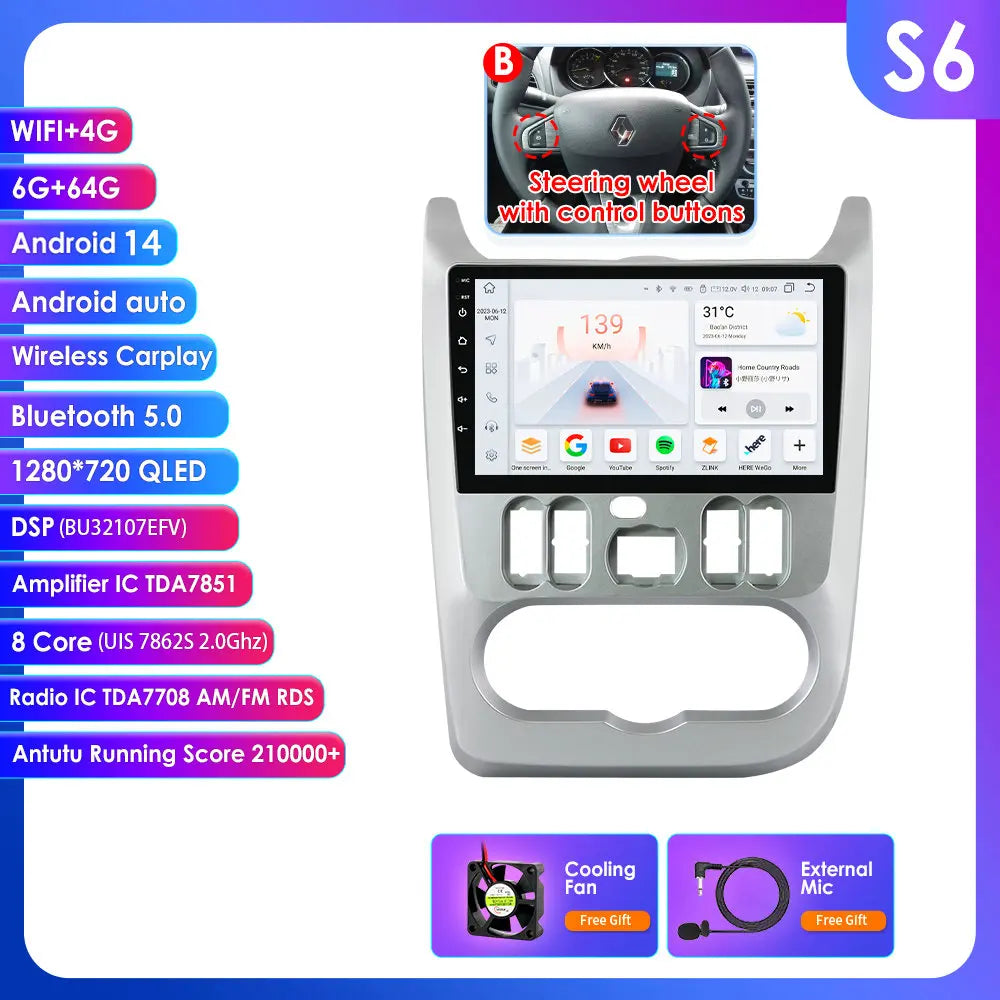 Dacia Logan I Sandero 2009-2015 9" Android 14 Carplay Android auto wireless wifi bt gps 4g  AUTMVG9Z