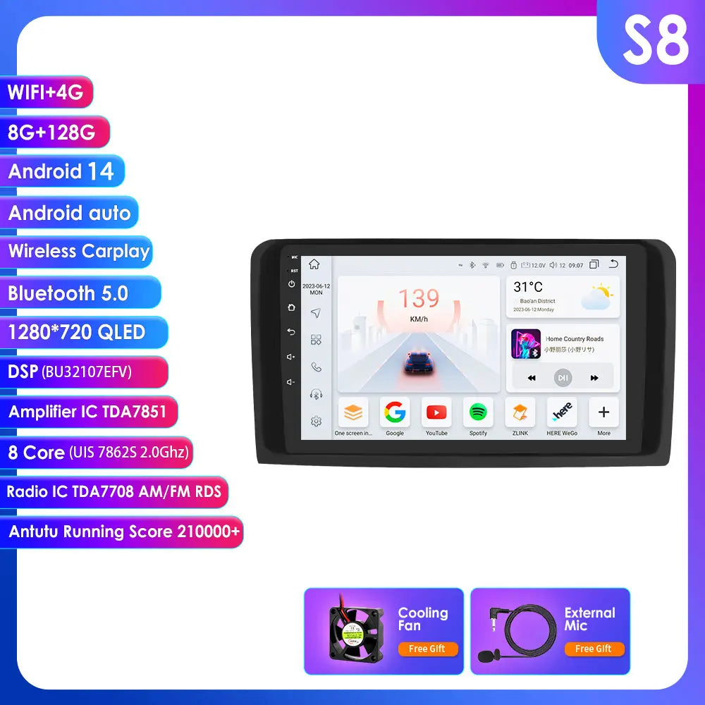 Mercedes ML W164 X164 ML350 ML300 GL500 ML320 ML280 GL350  9" Android 14 Carplay Android auto wireless wifi bt gps 4g AUTMMQVN
