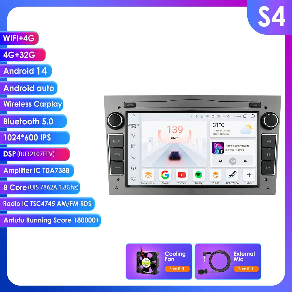 Opel Astra H J 2004 Vectra Vauxhall Antara Zafira Corsa C D Vivaro Meriva 7" Android 14 Carplay Android auto wireless wifi bt gps 4g   AUTMV0E4