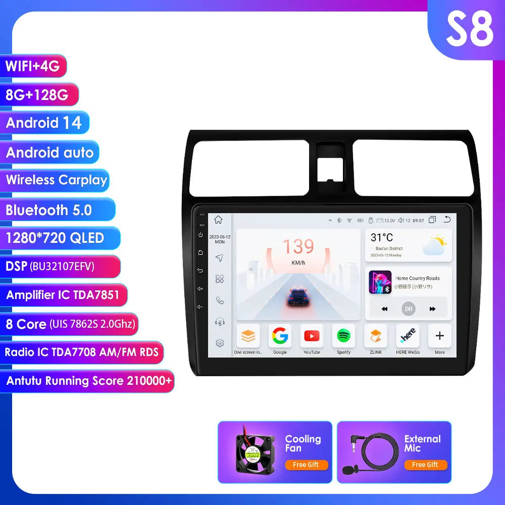 Suzuki Swift 2005-2010 9" Android 14 Carplay Android auto wireless wifi bt gps 4g AUTMTSDHF