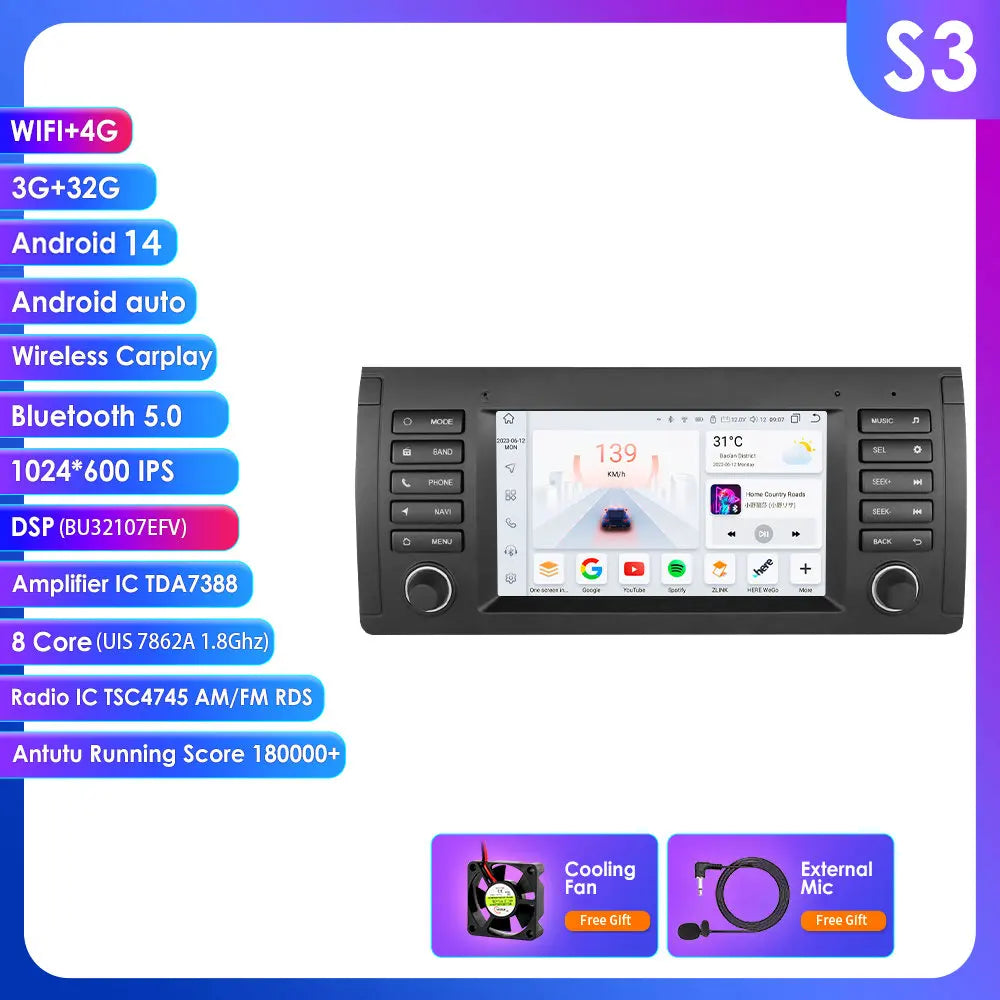 BMW 5 Series E39 X5 E53 M5 1996-2003 9" Android 14 Carplay Android auto wireless wifi bt gps 4g AUTMK1HA