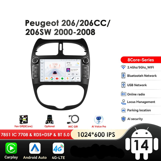 Peugeot 206 206CC 206SW 2000-2008 9" Android 14 Carplay Android auto wireless wifi bt gps 4g  AUTM9GQB