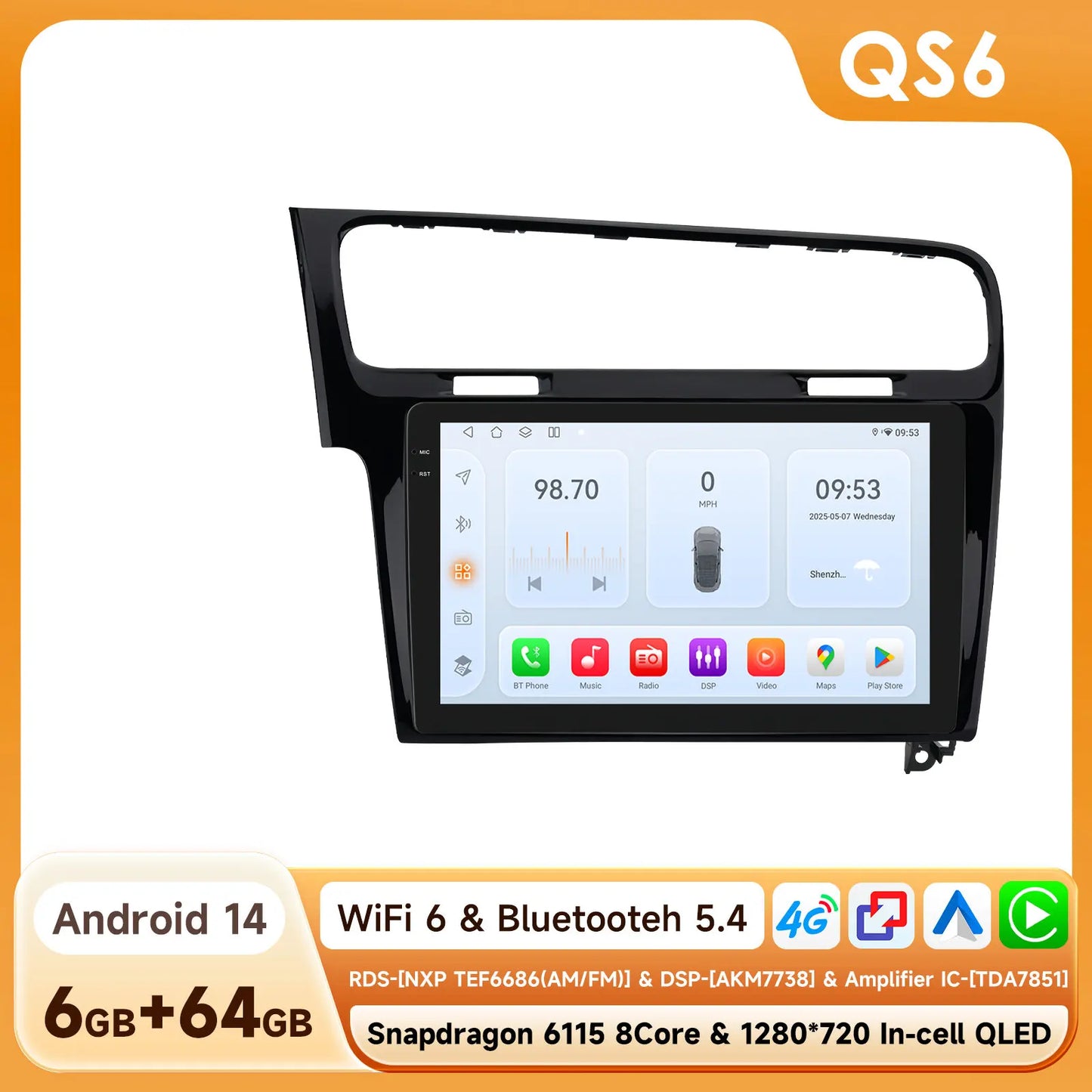 Volkswagen VW Golf 7 2013-2017 10,1"" Android 14 Carplay Android auto wireless wifi bt gps 4g  AUTMKDPF