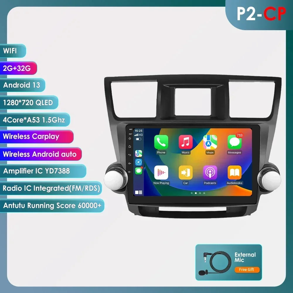 Toyota Highlander Kluger 2 XU40 2007 - 2013  9" Android 14 Carplay Android auto wireless wifi bt gps 4g   AUTMHIGTY