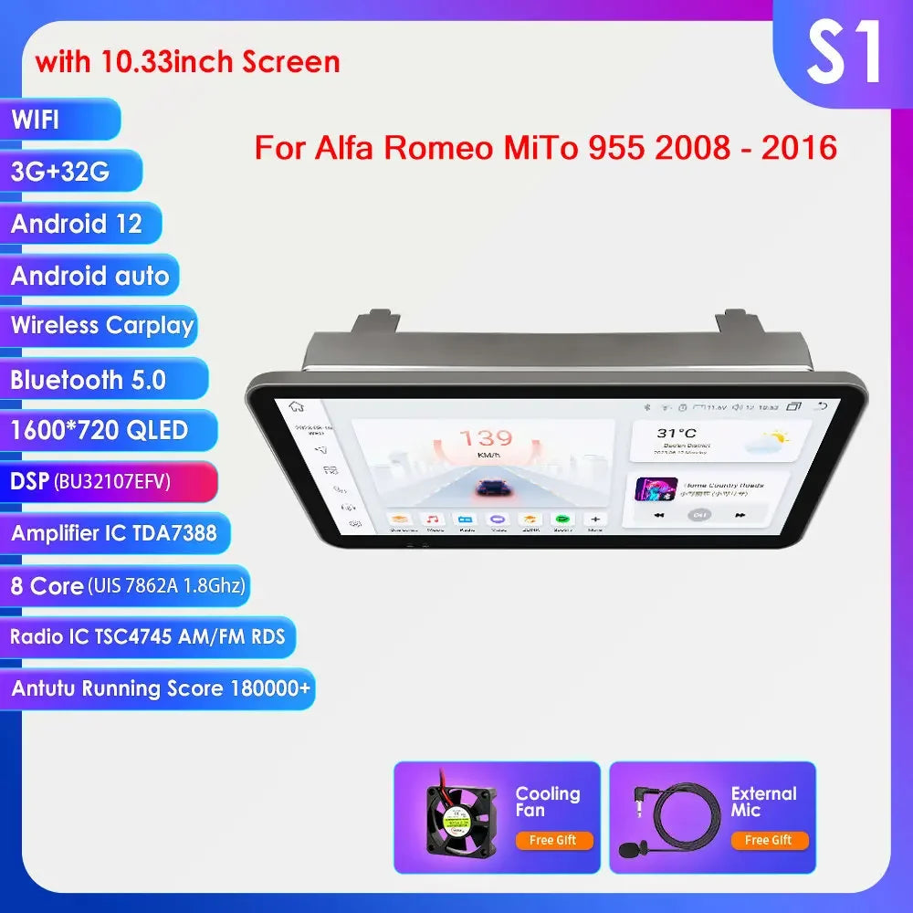 Alfa Romeo MiTo 955 2008-2016 9" Android 14 Carplay Android auto wireless wifi bt gps 4g AUTM5QGH