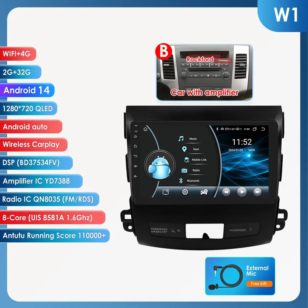 Peugeot 4007  Mitsubishi Outlander 2  Citroen C-Crosser 9" Android 14 Carplay Android auto wireless wifi bt gps 4g AUTMS5Y3
