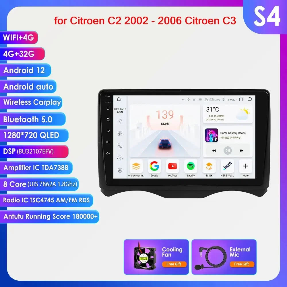 Citroen C2 2002 - 2006 Citroen C3  2002-2006 9" Android 14 Carplay Android auto wireless wifi bt gps 4g AUTM8GD8