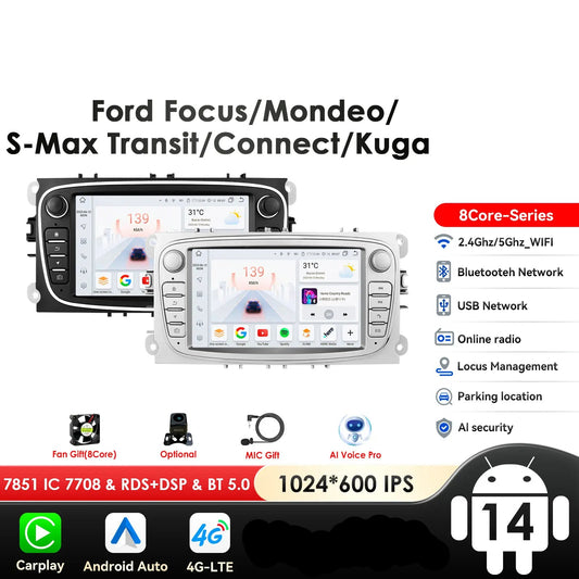 Ford Focus S-Max Mondeo Galaxy C-Max Kuga 7" Android 14 Carplay Android auto wireless wifi bt gps 4g  AUTMW9ZB