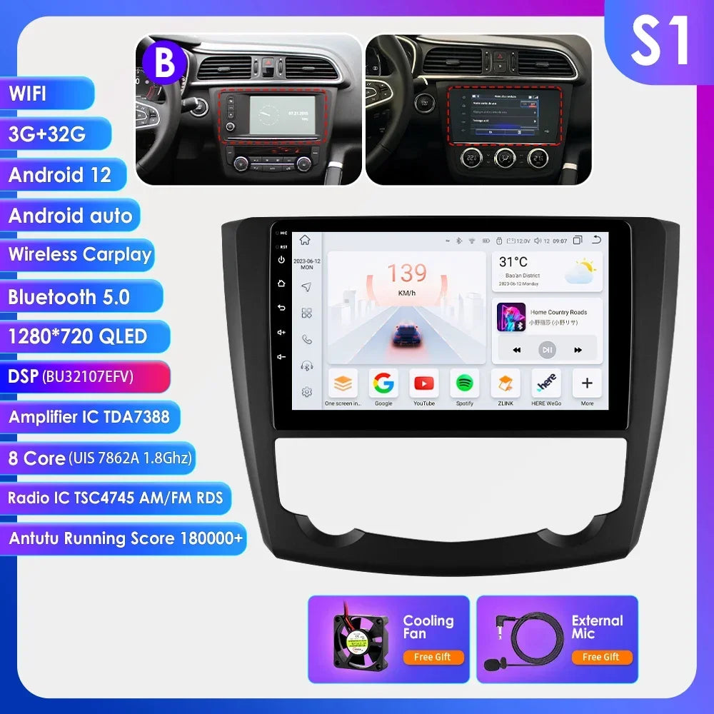 Renault Kadjar 2015-2019  9" Android 14 Carplay Android auto wireless wifi bt gps 4g AUTM83VU