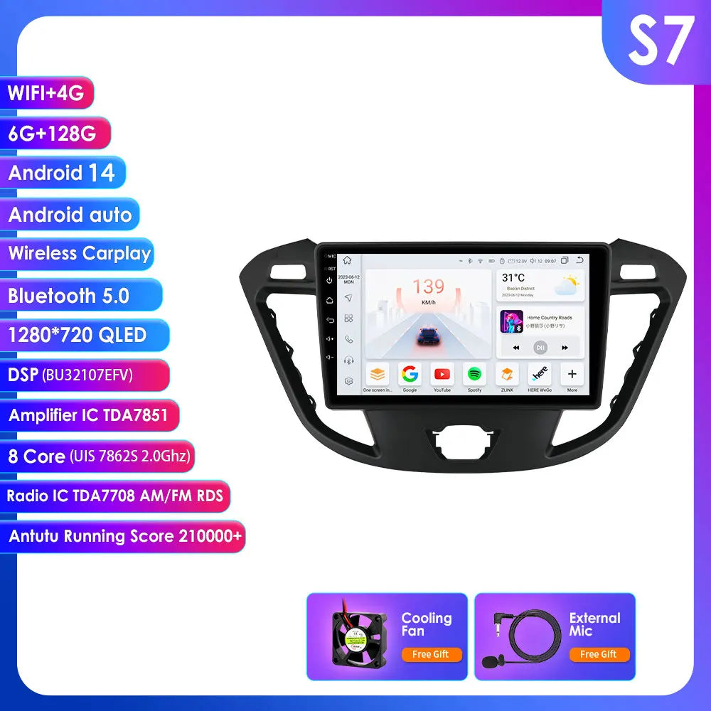 Ford Transit Tourneo Custom 2013-2021 9" Android 14 Carplay Android auto wireless wifi bt gps 4g  AUTMCWA3