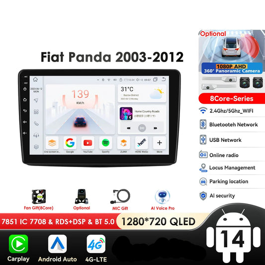 Fiat Panda 2003 - 2012 9" Android 14 Carplay Android auto wireless wifi bt gps 4g  AUTMWUM9
