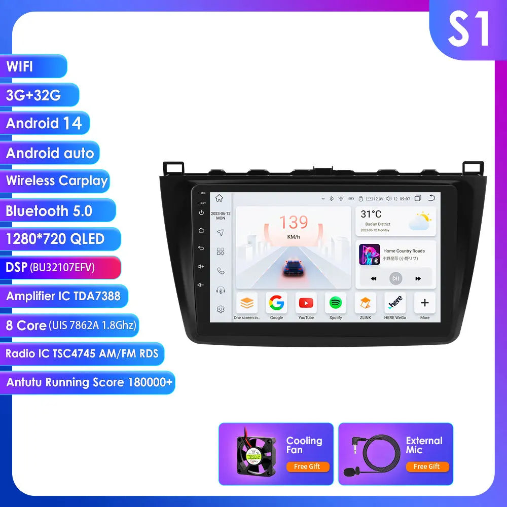 Mazda 6 2007 - 2012 9" Android 14 Carplay Android auto wireless wifi bt gps 4g AUTMJSBD