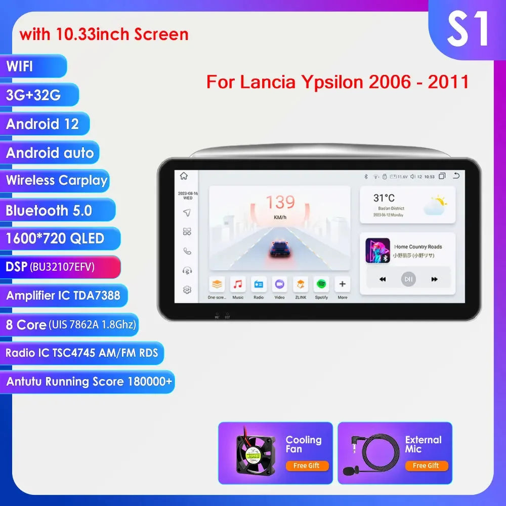Lancia Ypsilon 2006 - 2011 9" / 10,33" Android 14 Carplay Android auto wireless wifi bt gps 4g  AUTMNYFZ