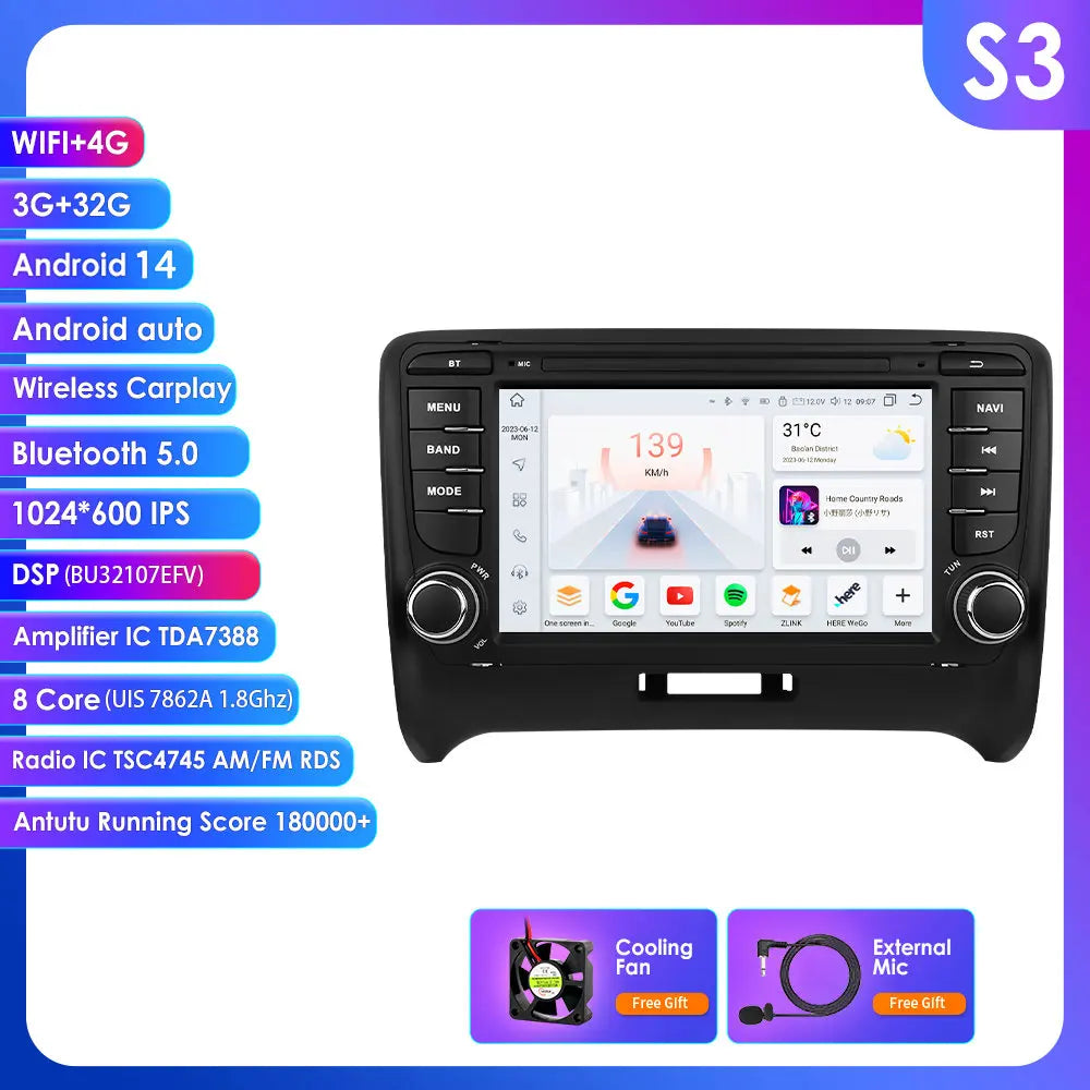 AUDI TT MK2 8J 2006 -2014 7" Android 14 Carplay Android auto wireless wifi bt gps 4g  AUTM9BCX