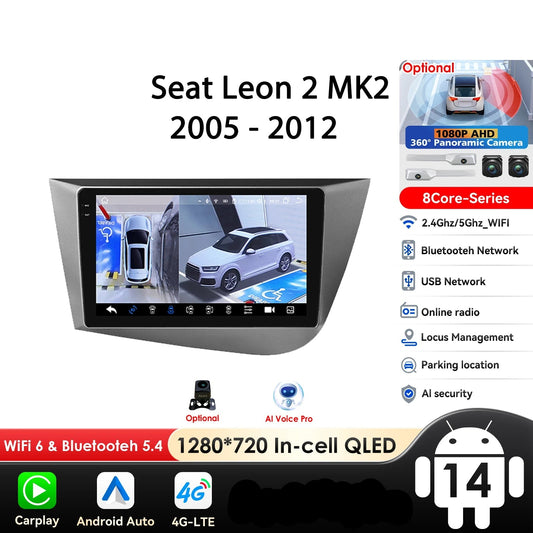 Seat Leon 2 MK2 2005 - 2012 9" Android 14 Carplay Android auto wireless wifi bt gps 4g  AUTMJ9VX