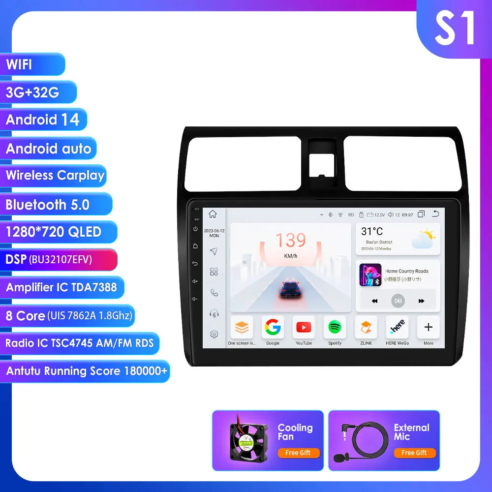 Suzuki Swift 2005-2010 9" Android 14 Carplay Android auto wireless wifi bt gps 4g AUTMTSDHF