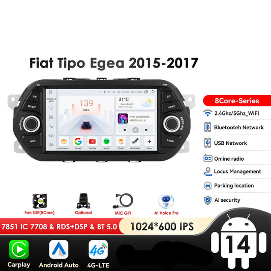 Fiat Tipo Egea 2015-2018 7" Android 14 Carplay Android auto wireless wifi bt gps 4g  AUTMTBBV