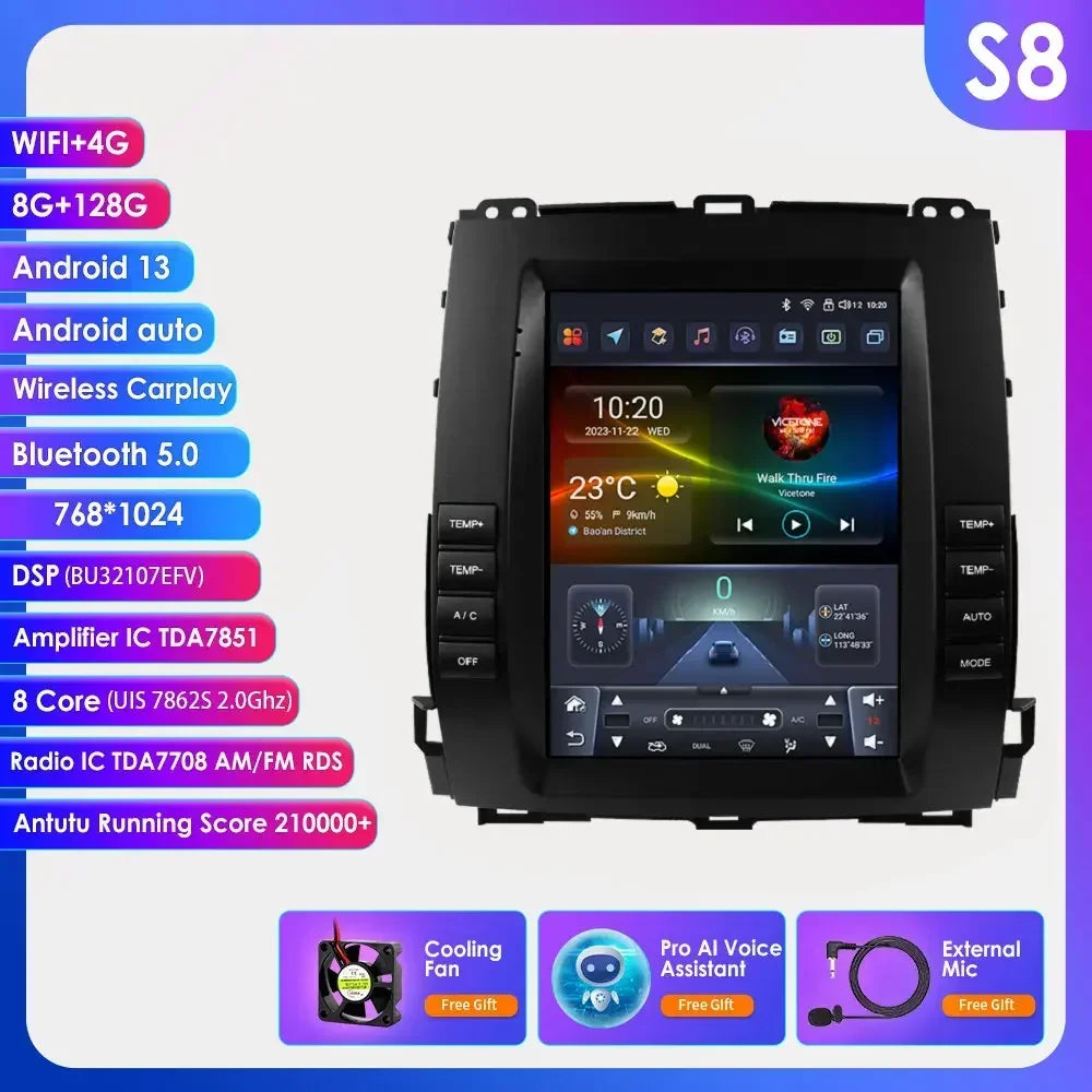 Toyota Land Cruiser Prado 120 2002-2009 Lexus GX470 9,7" Android 14 Carplay Android auto wireless wifi bt gps 4g  AUTMWU0F