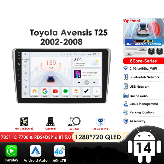 Toyota Avensis T25 2002- 2008 9" Android 14 Carplay Android auto wireless wifi bt gps 4g  AUTM01HZ
