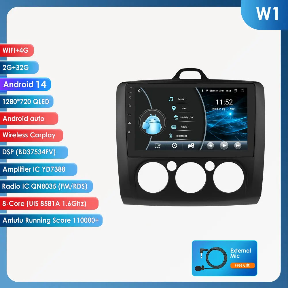 Ford Focus 2 3 Mk2 Mk3 2004-2011 9" Android 14 Carplay Android auto wireless wifi bt gps 4g  AUTMG5XX