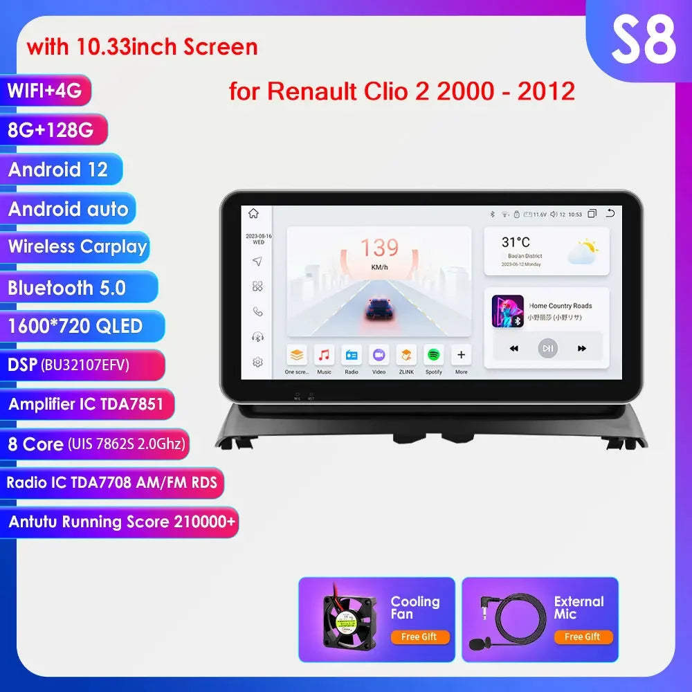 Renault Clio 2 2000 - 2012 9" / 10,33" Android 14 Carplay Android auto wireless wifi bt gps 4g  AUTM8236