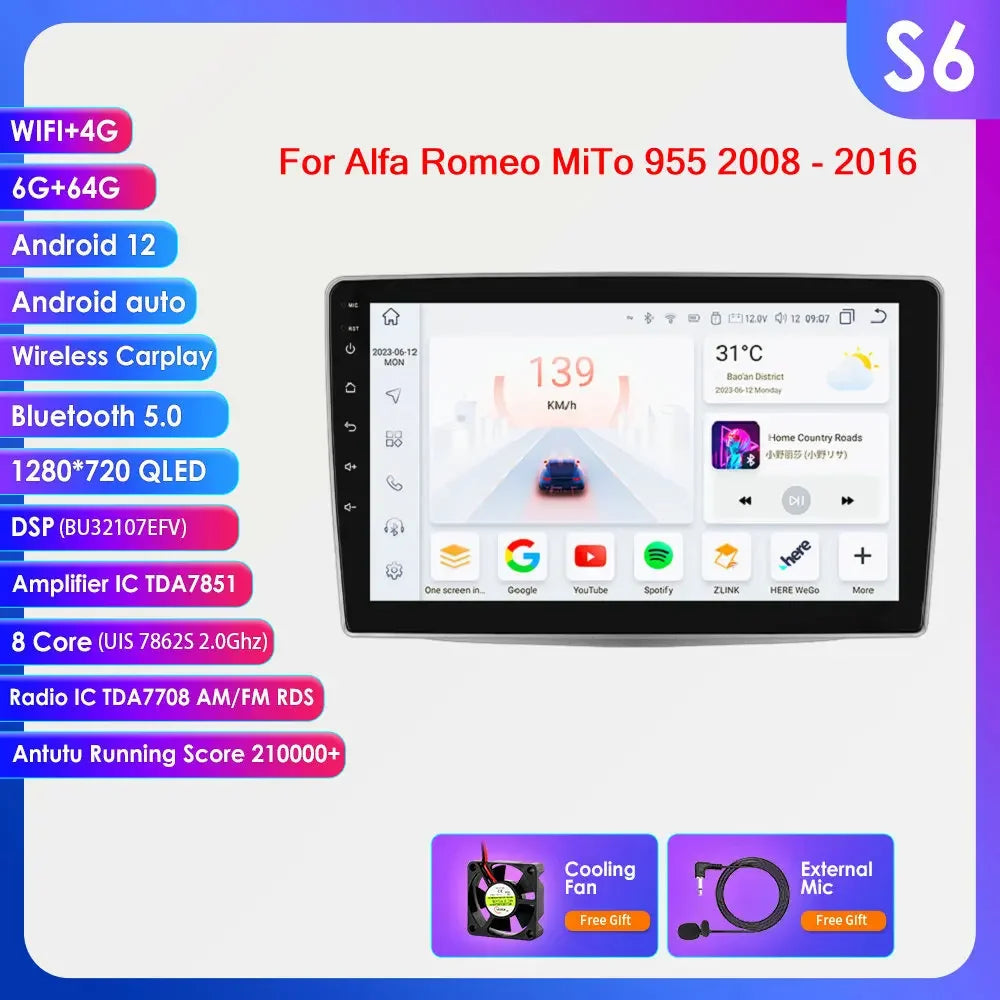 Alfa Romeo MiTo 955 2008-2016 9" Android 14 Carplay Android auto wireless wifi bt gps 4g AUTM5QGH