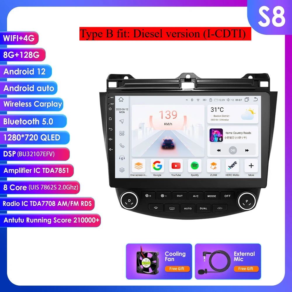 Honda Accord 7 2003 - 2007 9" Android 14 Carplay Android auto wireless wifi bt gps 4g AUTMDROH
