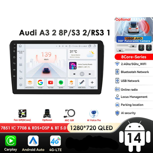 Audi RS3 Sportback A3 8P S3 2003-2012 9" Android 14 Carplay Android auto wireless wifi bt gps 4g  AUTMS8L6